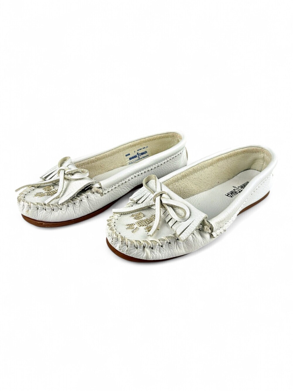 Minnetonka White Leather Beaded Moccasin Loafers Womens 7 Thunderbird 603A